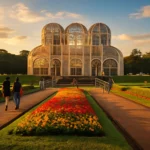 Imagem de onde fotografar em Curitiba no Jardim Botânico: vidro da estufa, gramados, flores e céu ao pôr do sol