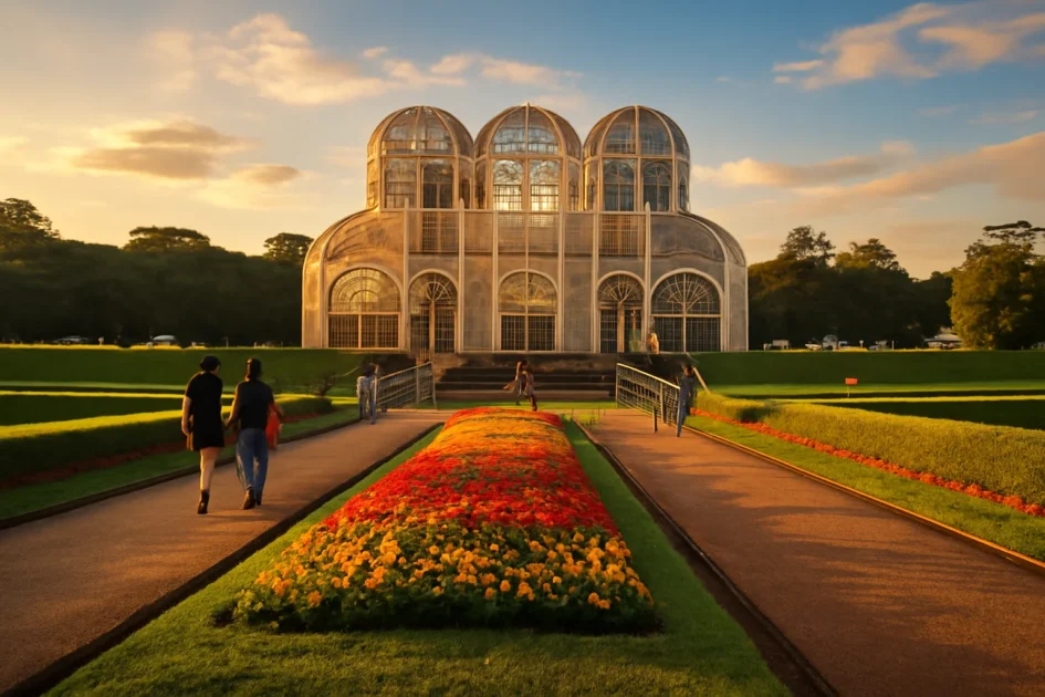 Imagem de onde fotografar em Curitiba no Jardim Botânico: vidro da estufa, gramados, flores e céu ao pôr do sol