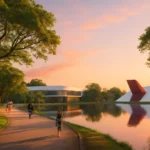 Início 7 Cena do Parque Ibirapuera ao amanhecer com lagos refletindo o céu, pessoas nas trilhas e obras de Niemeyer, ideal para onde fotografar são paulo