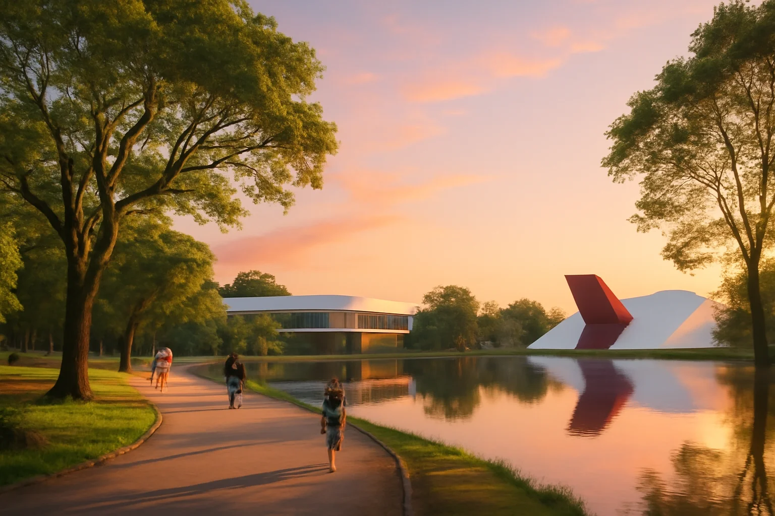 Início 1 Cena do Parque Ibirapuera ao amanhecer com lagos refletindo o céu, pessoas nas trilhas e obras de Niemeyer, ideal para onde fotografar são paulo