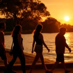 Cena de onde fotografar Porto Alegre na Orla do Guaíba ao entardecer, com grupo caminhando, luz suave e cores quentes refletindo na água.