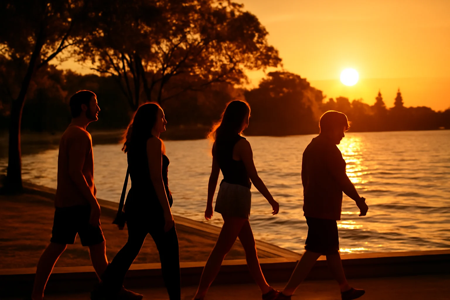 Cena de onde fotografar Porto Alegre na Orla do Guaíba ao entardecer, com grupo caminhando, luz suave e cores quentes refletindo na água.