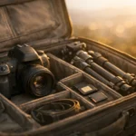 Mala de viagem aberta mostrando um kit de fotografia com câmera e acessórios