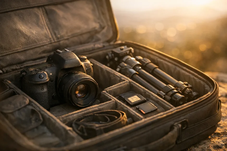 Mala de viagem aberta mostrando um kit de fotografia com câmera e acessórios