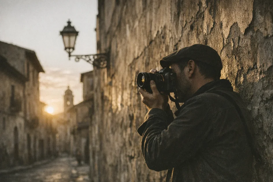 Fotógrafo em rua histórica segurando câmera Sony A7 IV durante o pôr do sol