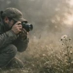 Fotógrafo agachado focando em uma flor silvestre iluminada