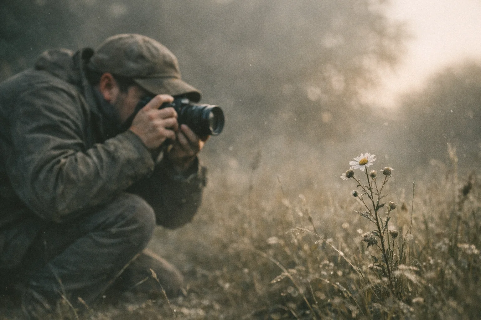 Fotógrafo agachado focando em uma flor silvestre iluminada