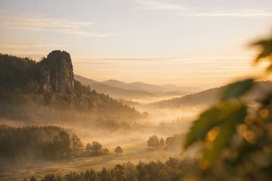 Fotografia de Paisagem: Benefícios de um Kit Mínimo 1 Vale sereno ao amanhecer com formação rochosa à esquerda
