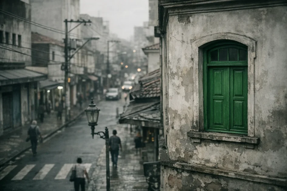 Janela verde destacando-se na rua de Campinas com pessoas ao fundo
