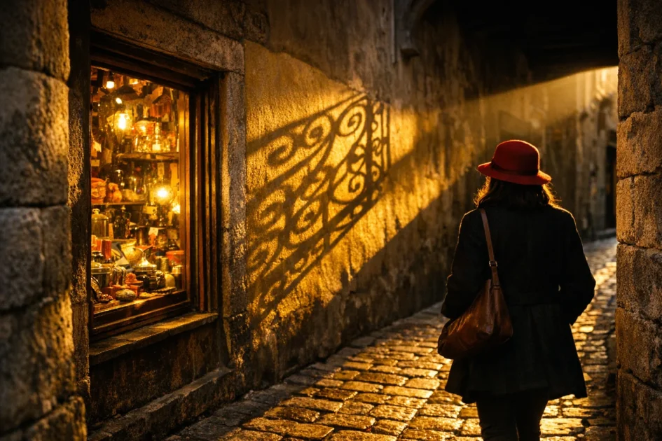 Mulher com chapéu vermelho atravessando passagem iluminada pelo sol