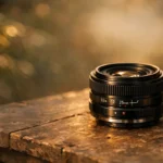 Lente fotográfica compacta elegantemente posicionada sobre mesa de madeira rústica