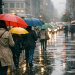 Rua movimentada com pessoas usando guarda-chuvas coloridos durante leve chuva