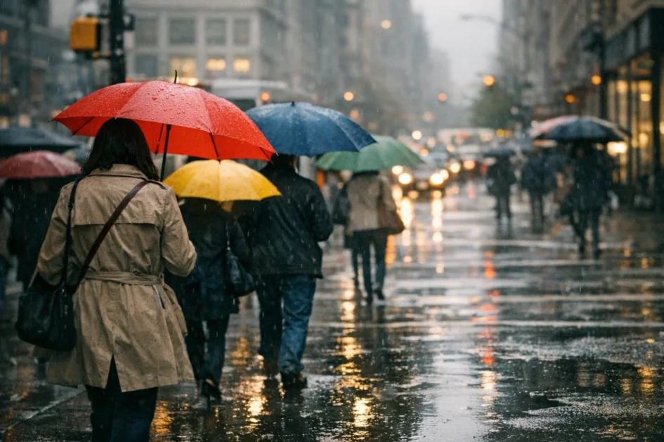 Rua movimentada com pessoas usando guarda-chuvas coloridos durante leve chuva