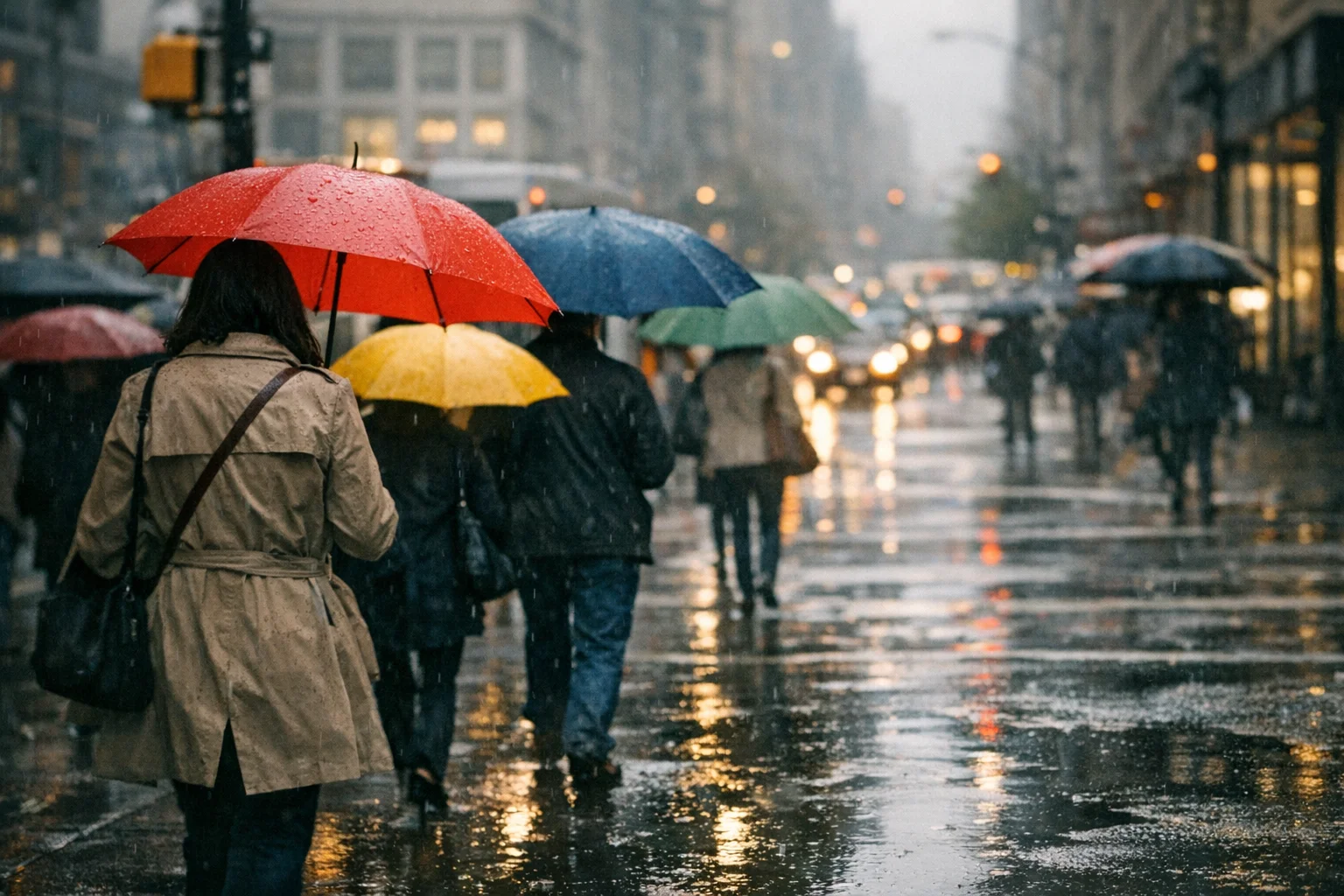 Rua movimentada com pessoas usando guarda-chuvas coloridos durante leve chuva