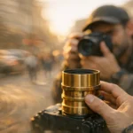 Fotógrafo ajustando a lente Lomography Petzval 55mm em uma rua movimentada durante a hora dourada