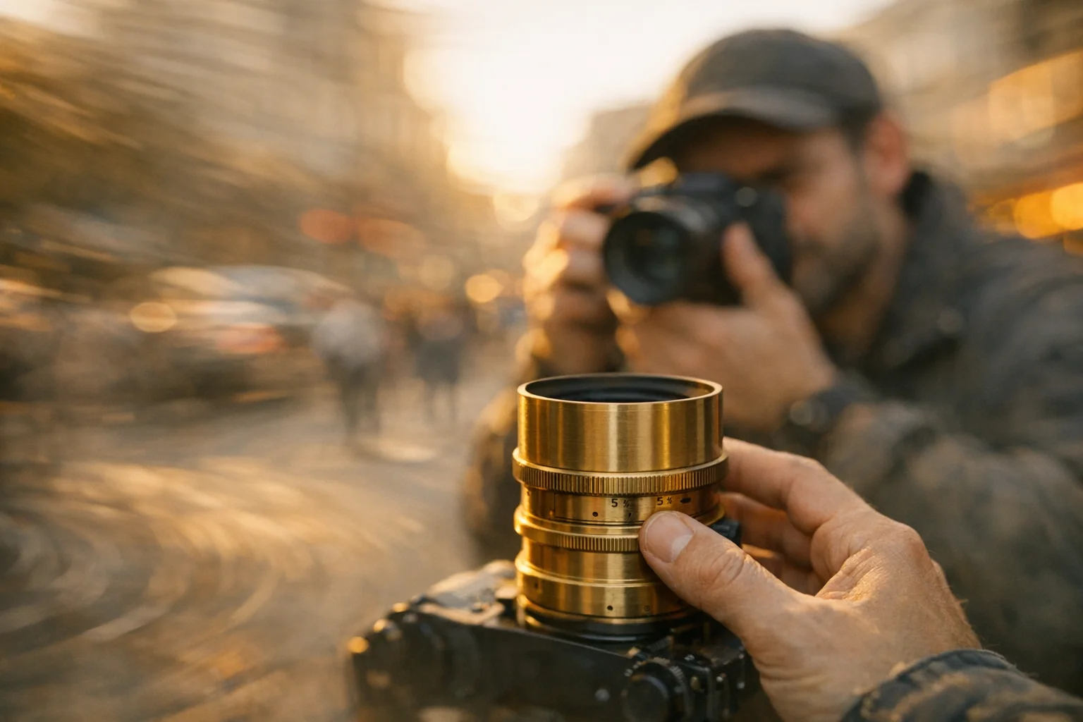 Fotógrafo ajustando a lente Lomography Petzval 55mm em uma rua movimentada durante a hora dourada