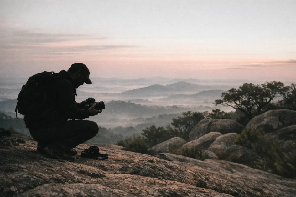 Fotógrafo agachado trocando lente da câmera na trilha