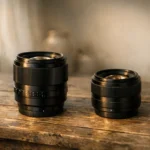 Duas lentes Viltrox em um estúdio minimalista sobre mesa de madeira
