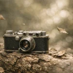 Câmera Leica antiga repousa sobre um tronco de árvore com folhas caindo ao redor