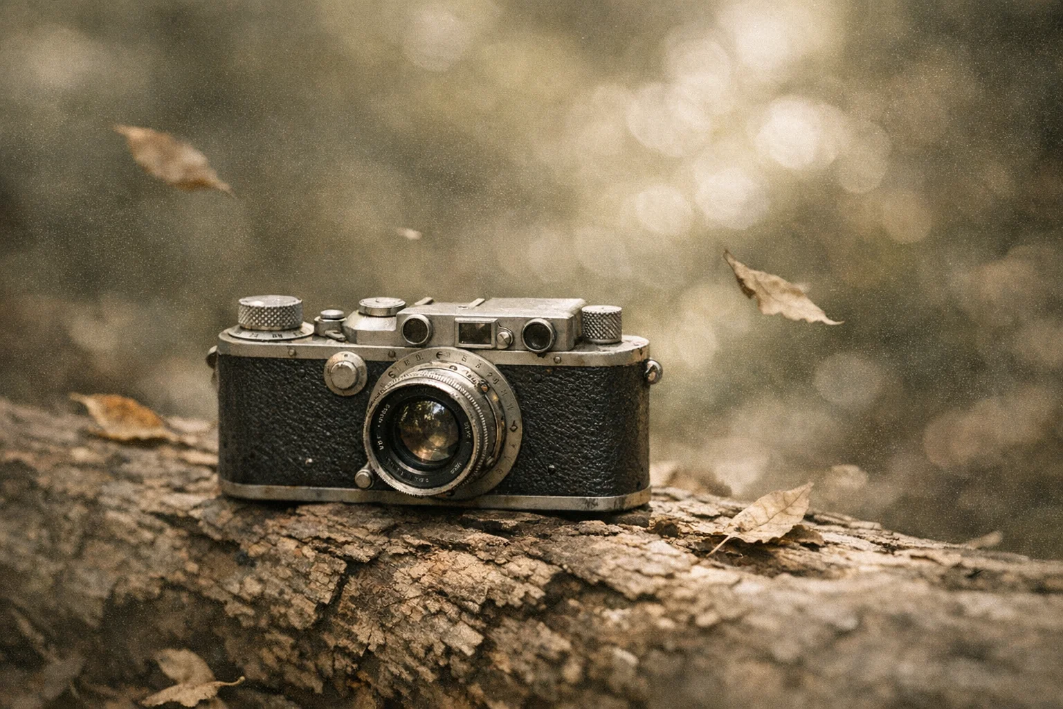 Câmera Leica antiga repousa sobre um tronco de árvore com folhas caindo ao redor