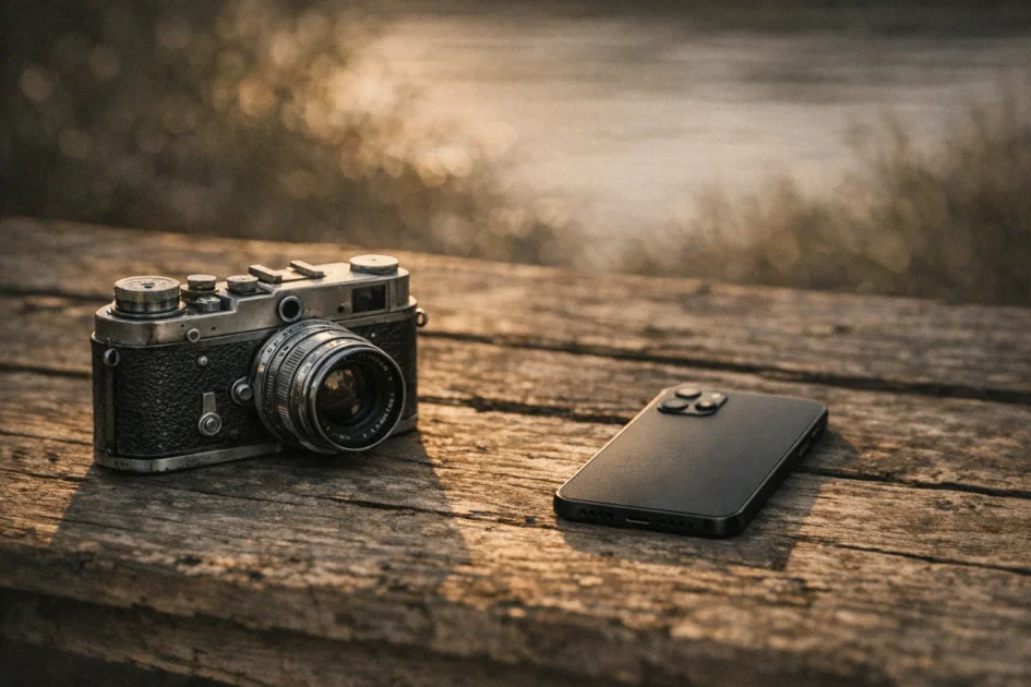 Da câmera doméstica ao smartphone: popularização, produção em massa e transformação da linguagem fotográfica 1 Câmera de filme antiga e smartphone modernos lado a lado em uma mesa de madeira