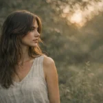 Modelo em retrato em ambiente natural com luz suave filtrando pelas árvores