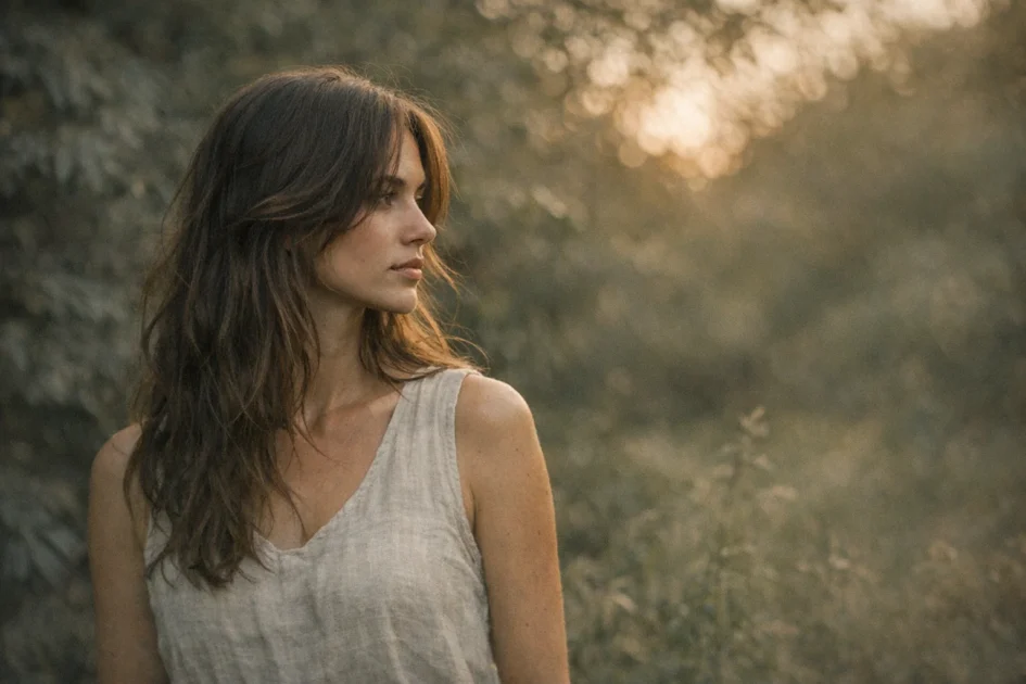 Modelo em retrato em ambiente natural com luz suave filtrando pelas árvores