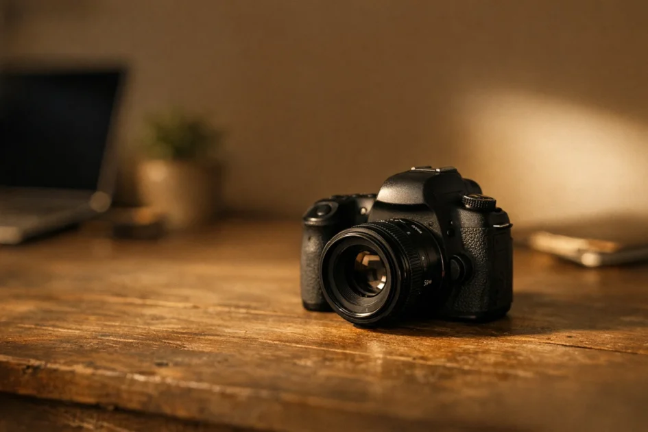 Mesa de trabalho com câmera DSLR e lente fixa em iluminação suave
