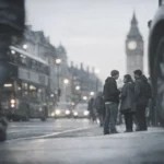 Grupo de pessoas conversando em uma rua de Londres ao entardecer